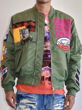 Men's First Row Olive Green Bomber Jacket with Graphic Patches